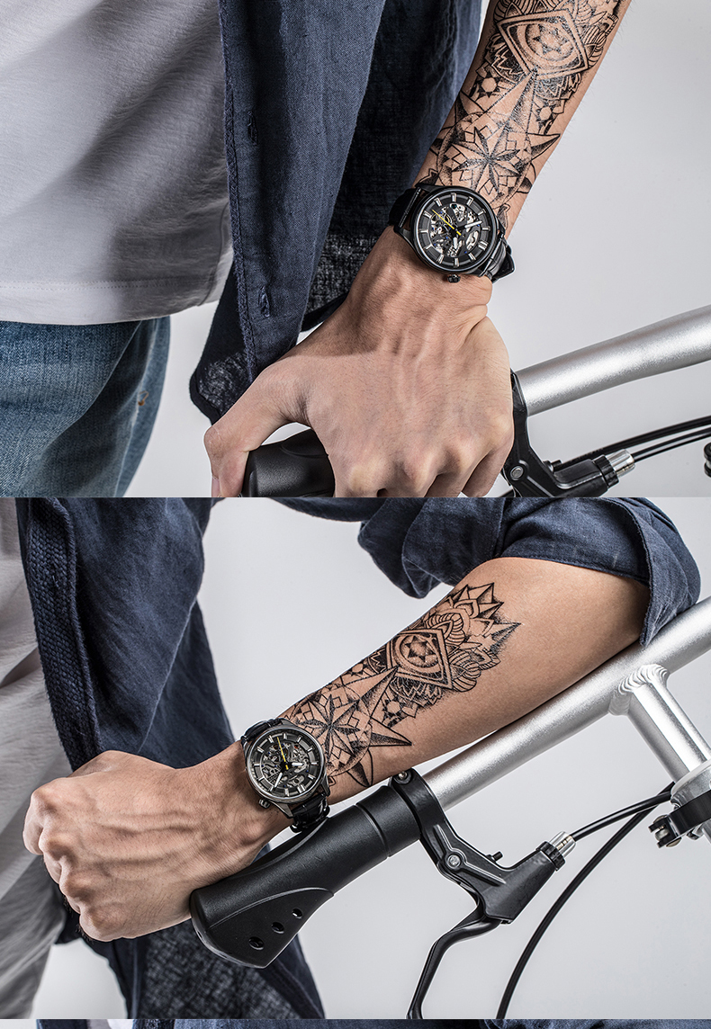 6770跨境精鋼機械手表鏤空表盤夜光休閑男士手表廠家推薦