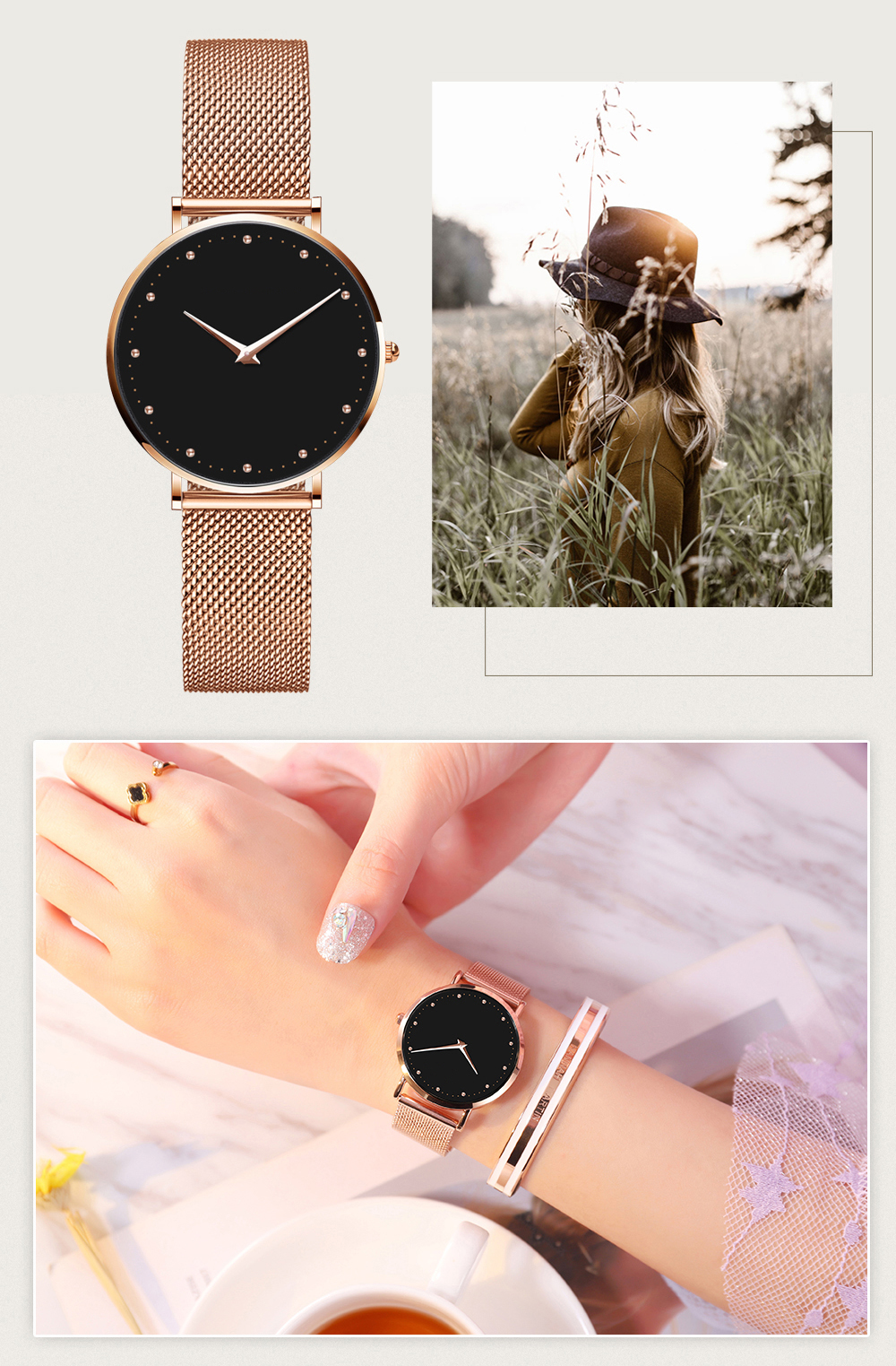 MD36簡約設計女士防水手表電鍍精鋼網帶石英手表廠家自產