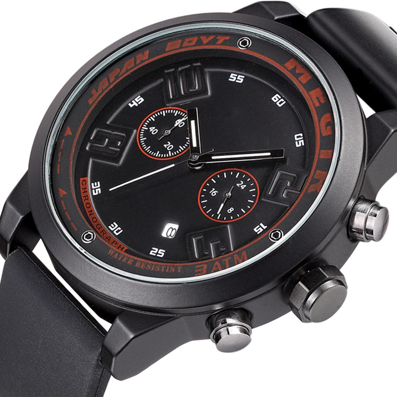 2001硅膠表帶時尚運動夜光日歷大表盤男士石英手表廠家自產供應