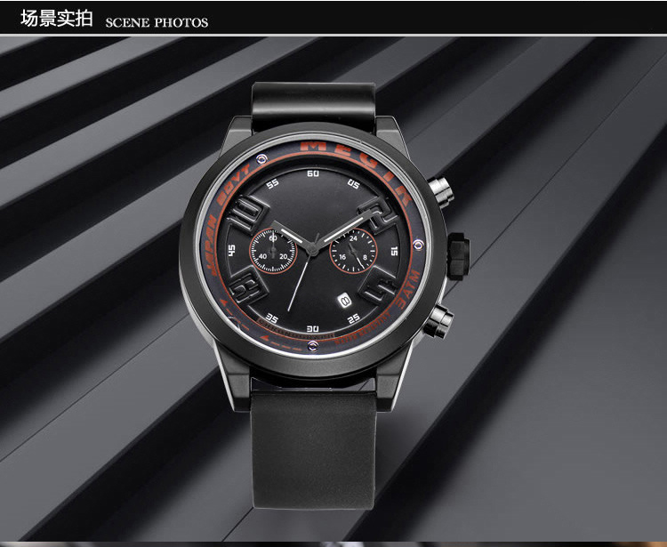 2001硅膠表帶時尚運動夜光日歷大表盤男士石英手表廠家自產供應