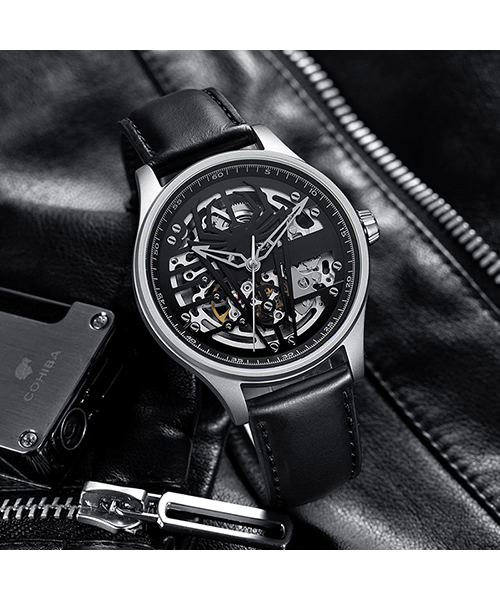 6787跨境全自動鏤空機械真皮手表時尚商務男士手表廠家貨源直供